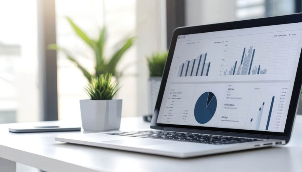 Financial charts on laptop showing data analysis related to employer health plan funding strategies.