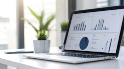 Financial charts on laptop showing data analysis related to employer health plan funding strategies.