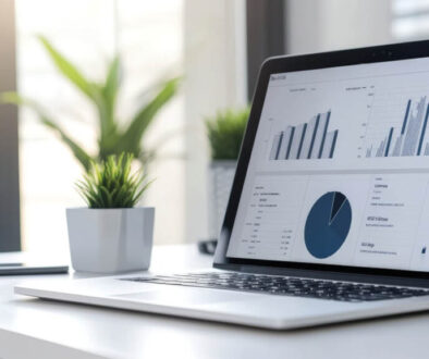 Financial charts on laptop showing data analysis related to employer health plan funding strategies.