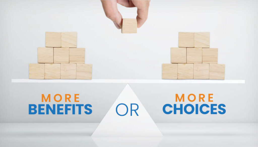 Balance scale comparing more employee benefits versus more employee choice, illustrating how Lifestyle Spending Accounts (LSAs) provide flexible employee benefit options.