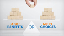 Balance scale comparing more employee benefits versus more employee choice, illustrating how Lifestyle Spending Accounts (LSAs) provide flexible employee benefit options.